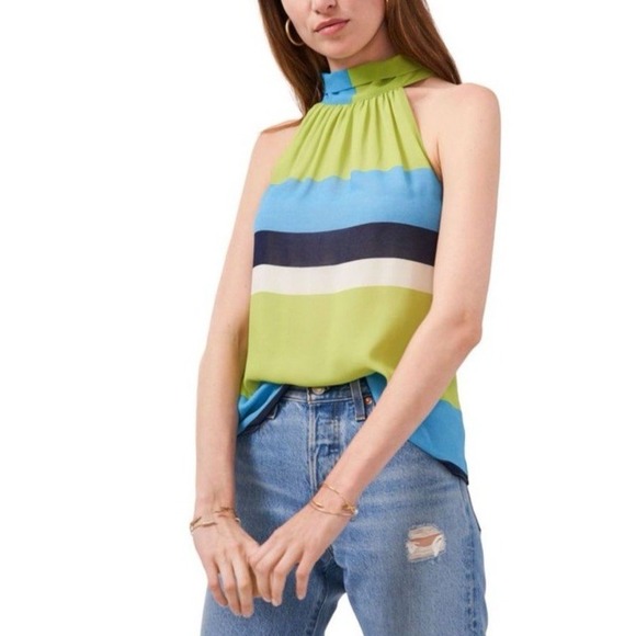 1. State‎  Maui Bold Green Blue Tie Stripe Sleeveless Halter Top Womens Medium - Picture 1 of 16